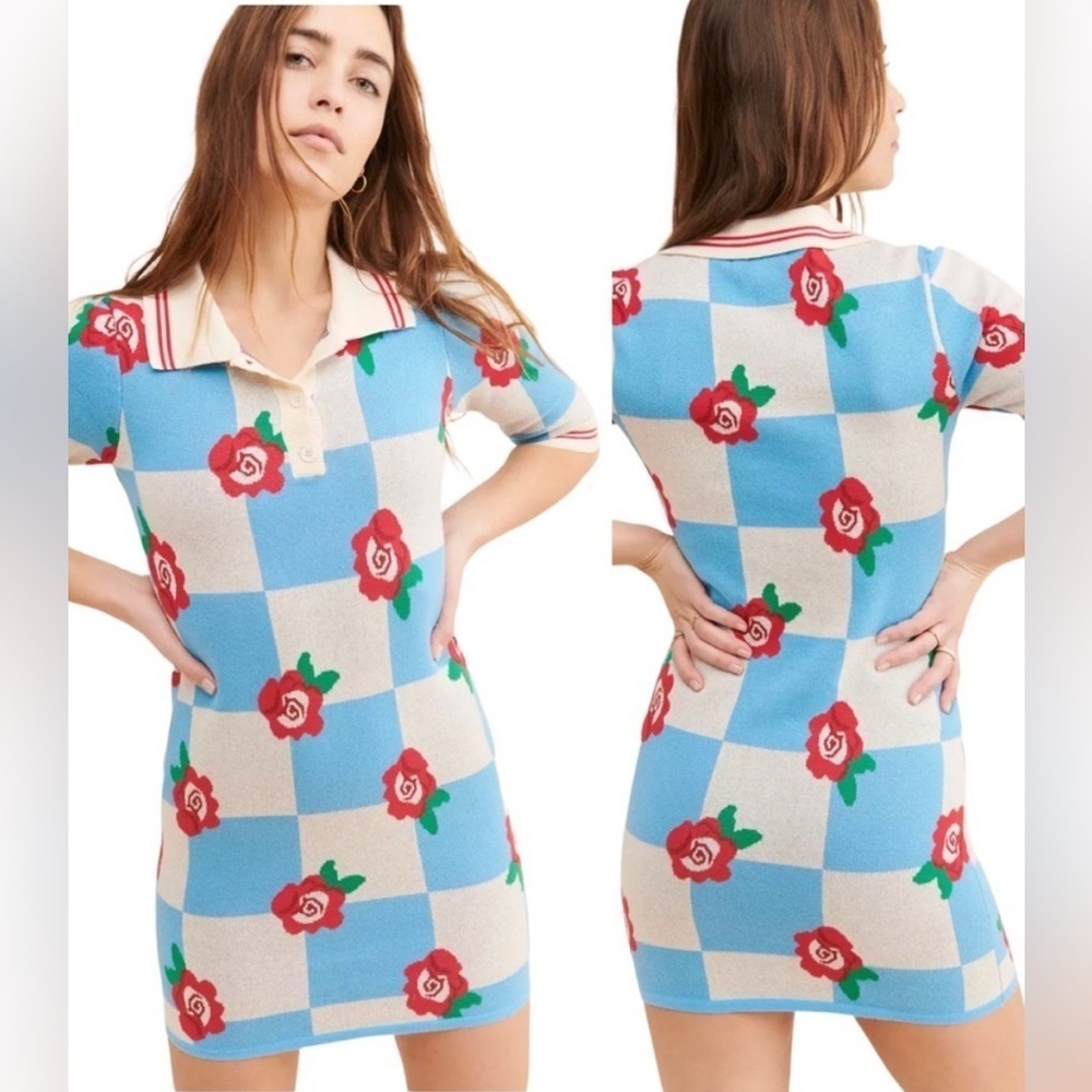 NWT Glamorous For Free People Checkerboard Roses Collared Knit Mini Dress